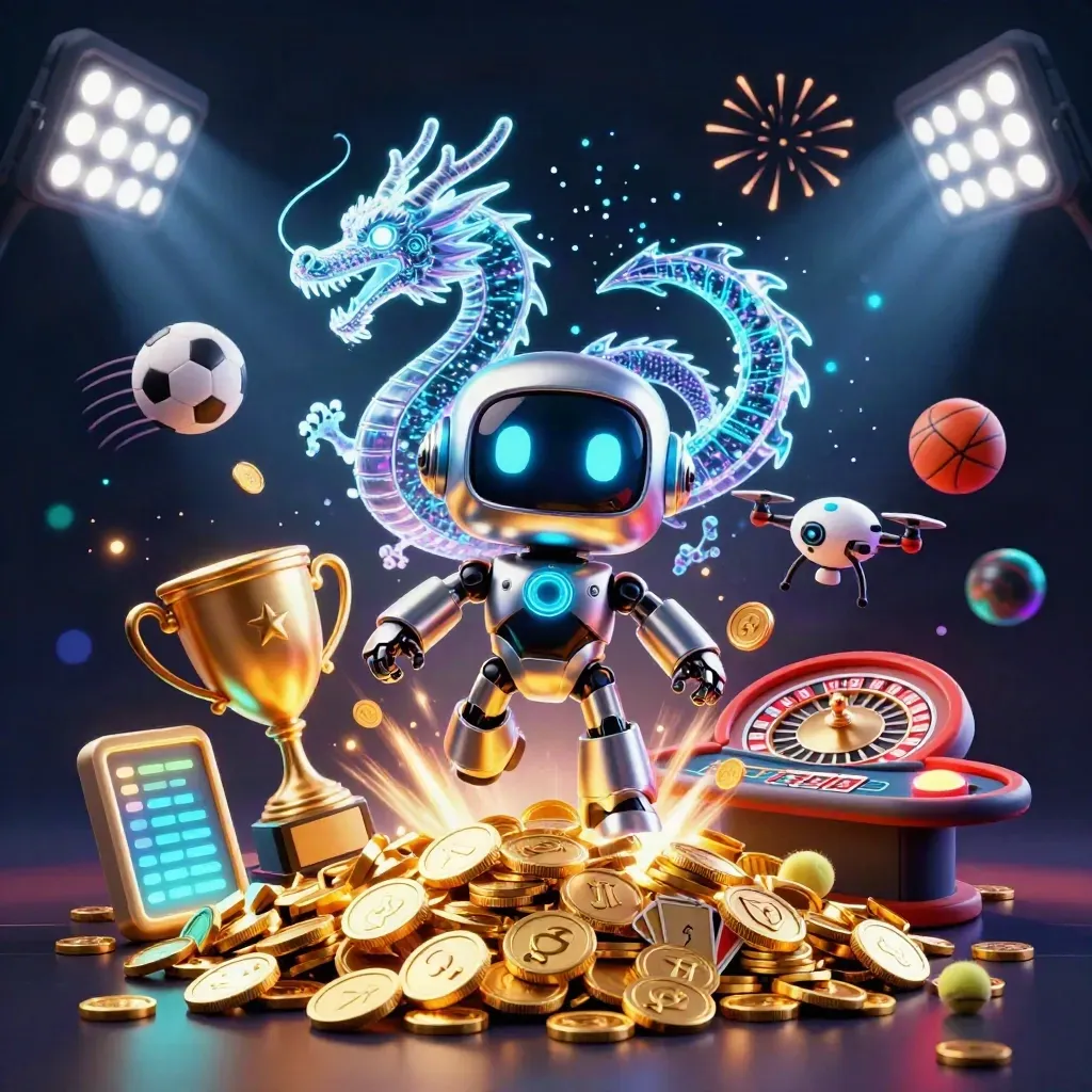 Robot, holographic dragon, and coin drone amid exploding gold, sports balls, lights, and casino props.