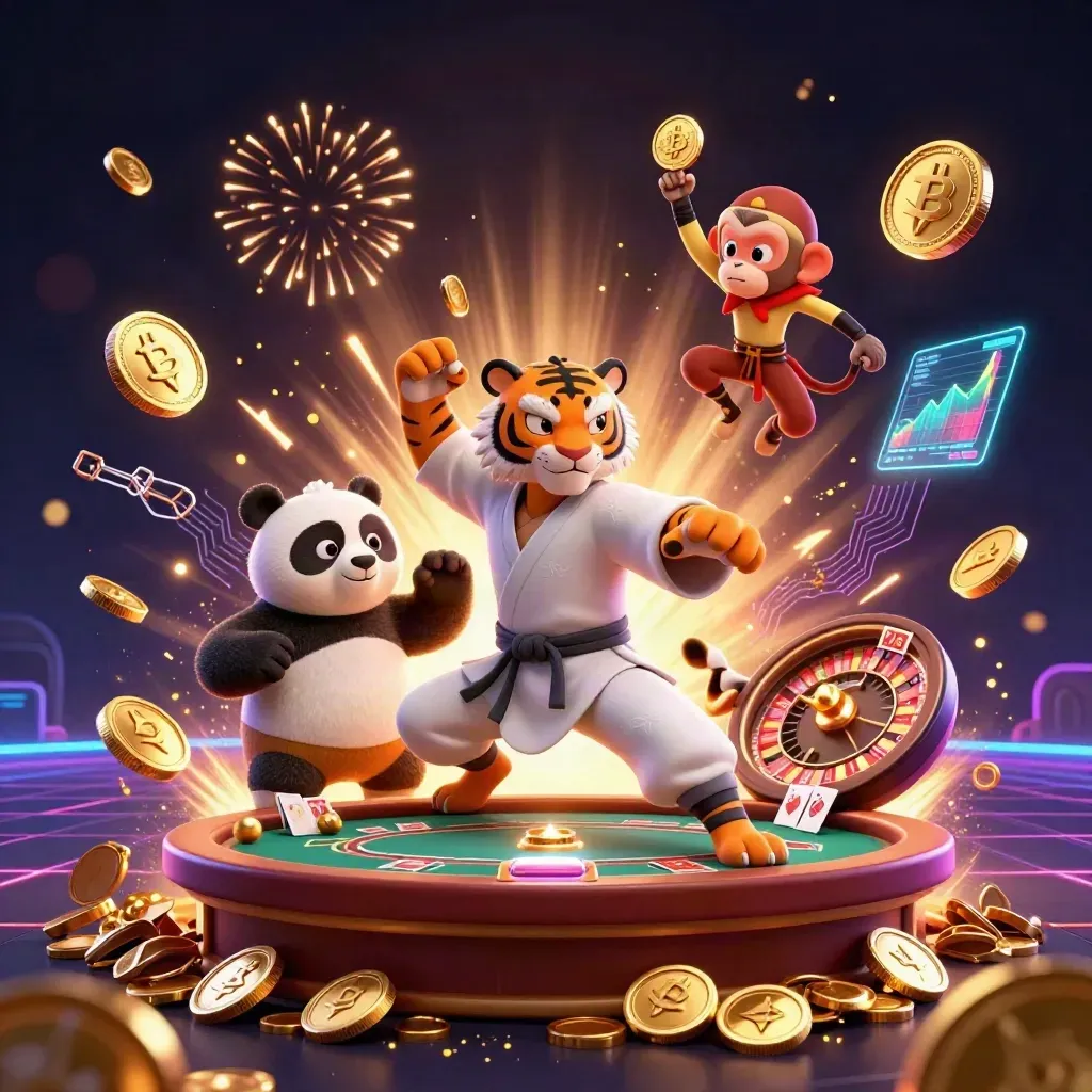 Tiger, panda, and monkey celebrate amid gold coins, casino cards, and neon crypto effects.