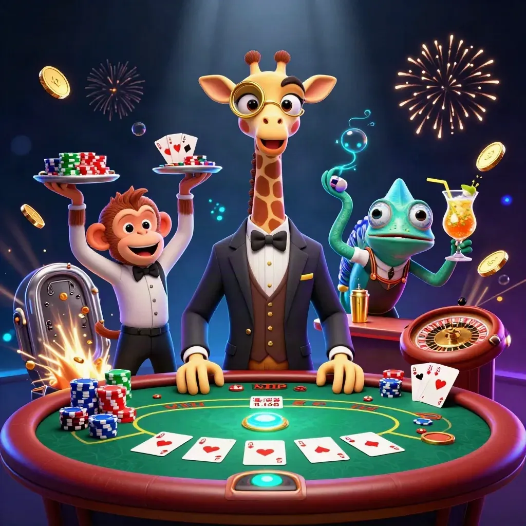 Giraffe high-roller, monkey valet and chameleon bartender amid coins, chips and fireworks.