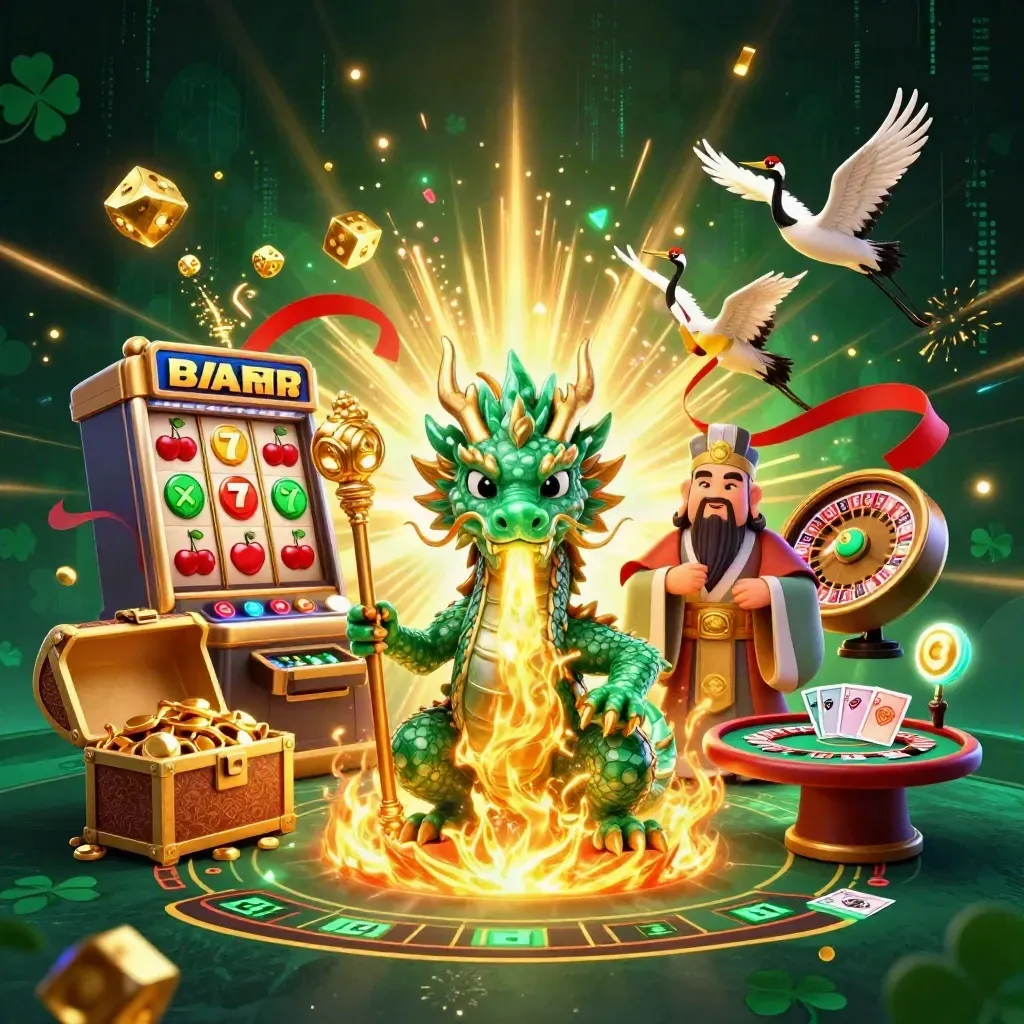 Dragon, turtle sage and cranes amid exploding slots, gold, fireworks and casino lights.