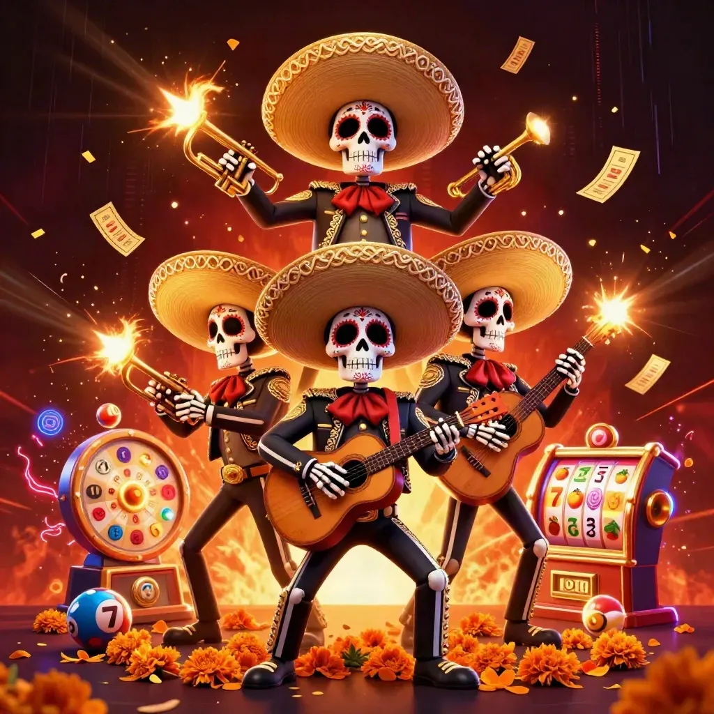 Skeleton mariachi trio with casino effects, jackpot reels, and glowing embers on a dark background.