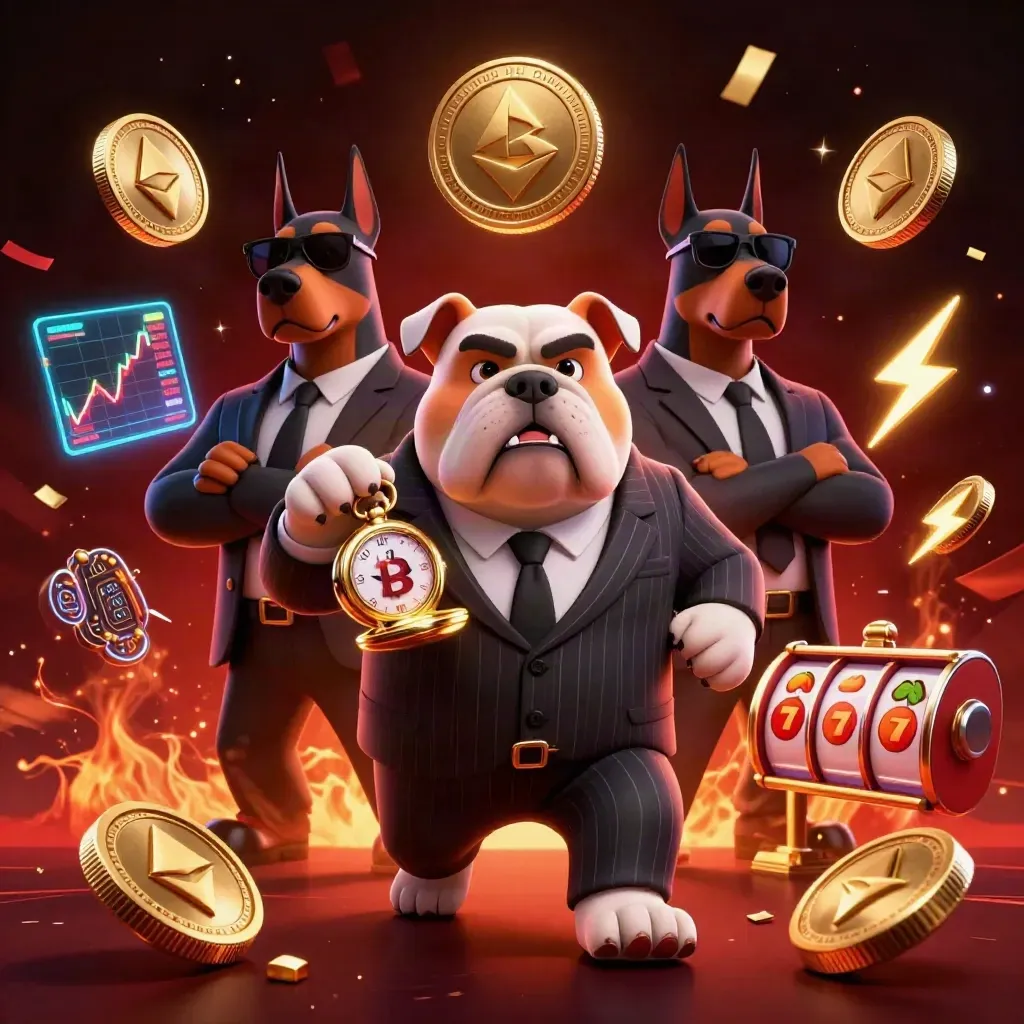 Bulldog mob boss with two Doberman guards amid glowing casino coins, reels, lightning, confetti, and firelight