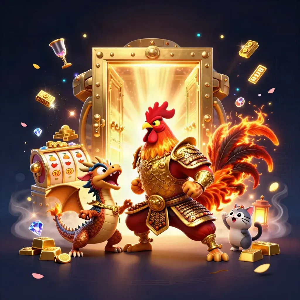 Rooster warrior, dragon hatchling, and fortune cat amid a bursting treasure vault and casino symbols.