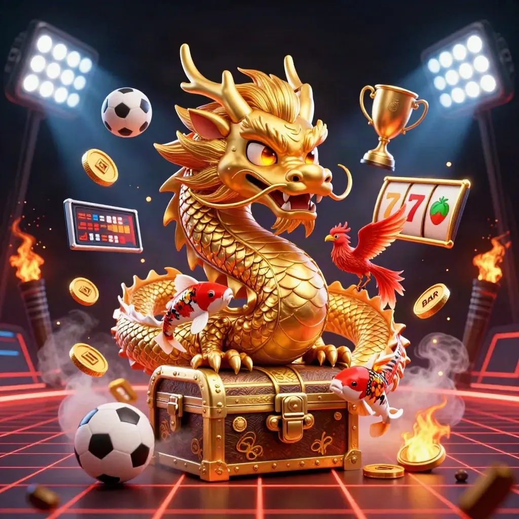 Golden dragon, phoenix, koi, casino coins, sports balls, and glowing jackpot effects on a dark neon grid.