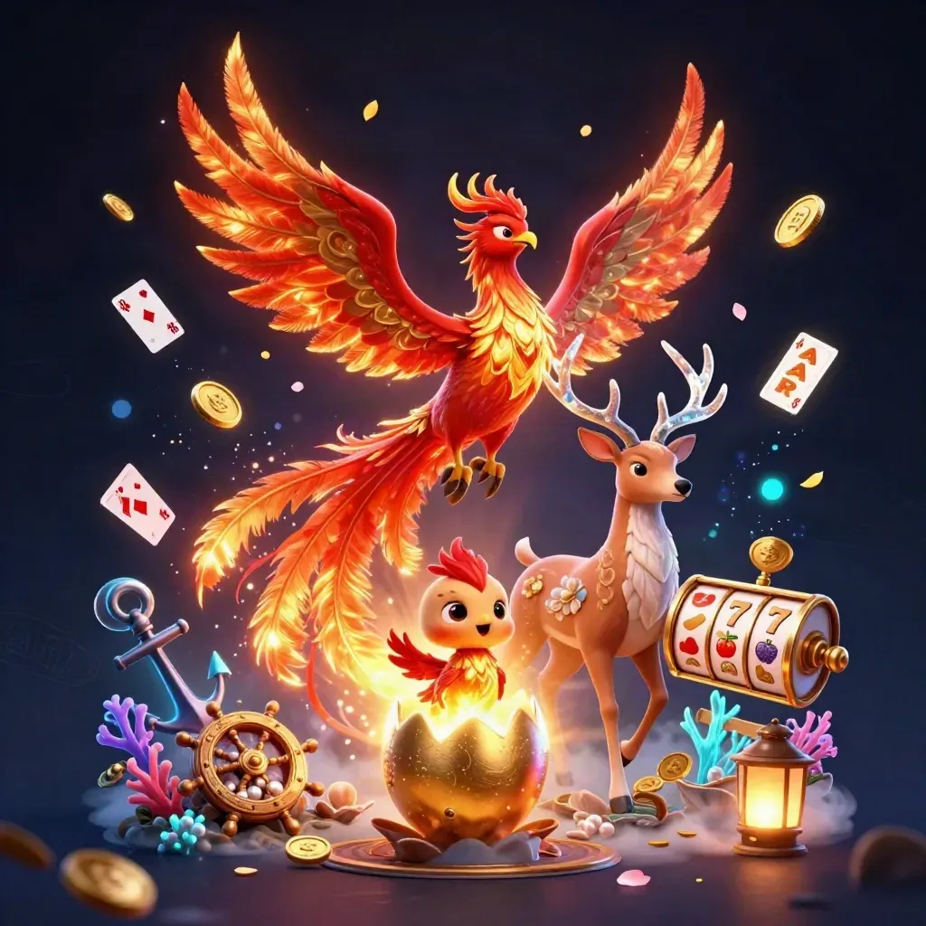 Fire phoenix, baby phoenix, and crystal stag amid casino treasure and glowing effects.