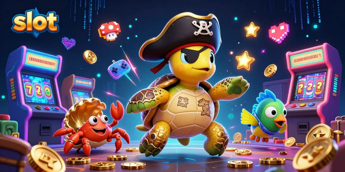 Players spin the slot reels in a vibrant 3D scene with a pirate turtle and treasure.