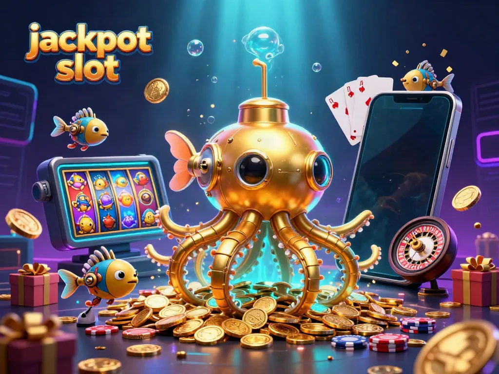 Experience the thrill of jackpot slot gaming with our vibrant 3D scene featuring golden coins, slot reels, and adventurous characters.
