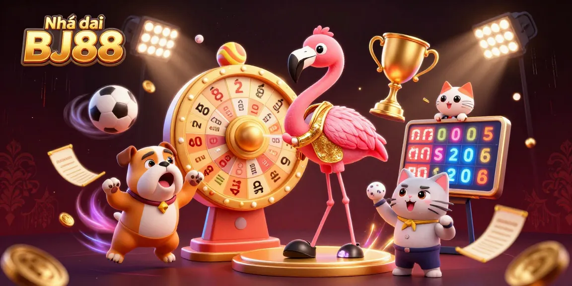 Engaging scene illustrating Nhà cái BJ88 with the flamingo host, a bulldog contestant, and a scoreboard cat revealing prizes, creating excitement in gambling.