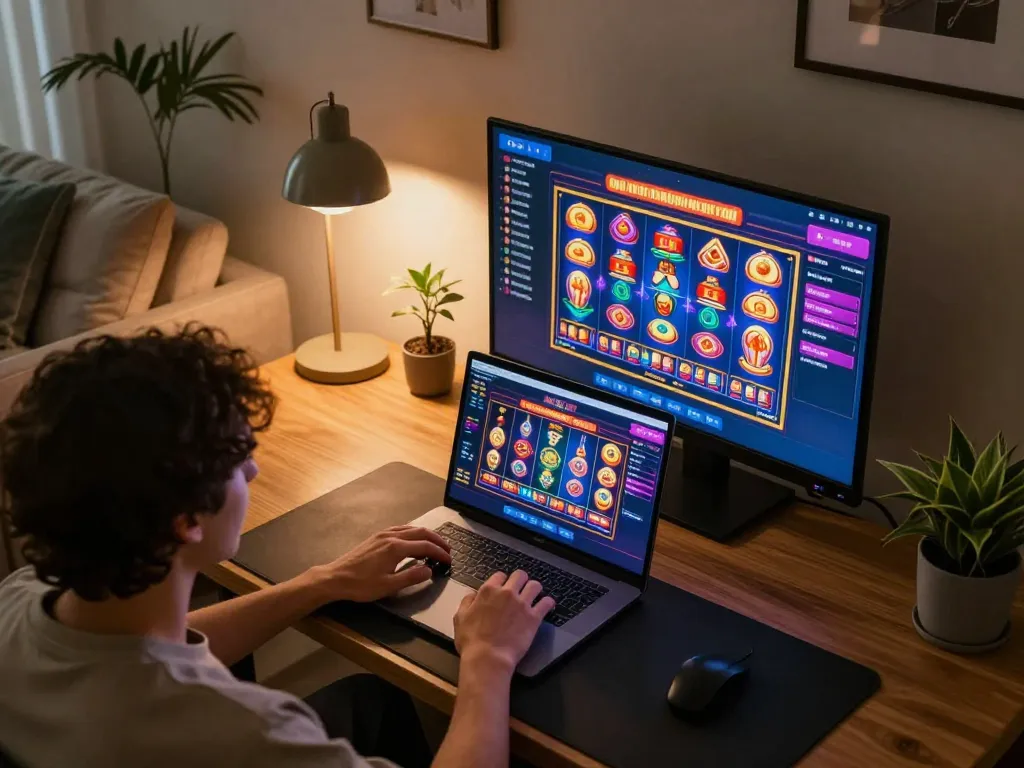 Player engaging with cloud-africa online casino interface at home, highlighting vibrant digital gaming.