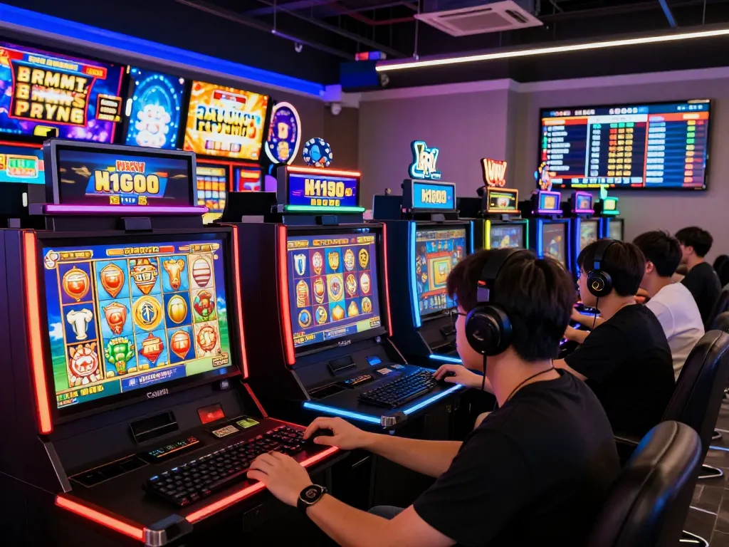 Suasana permainan online yang menarik dengan pemain menikmati slot danamax785 di lounge permainan yang hidup.