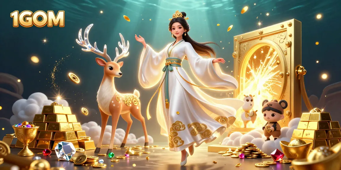 Engaging 1GOM visuals featuring a beautiful Asian woman and celestial deer surrounded by treasure.
