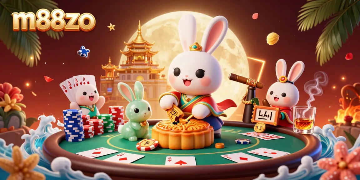 Engage with m88zo in a vibrant 3D casino scene featuring poker, lunar themes, and a magical rabbit.