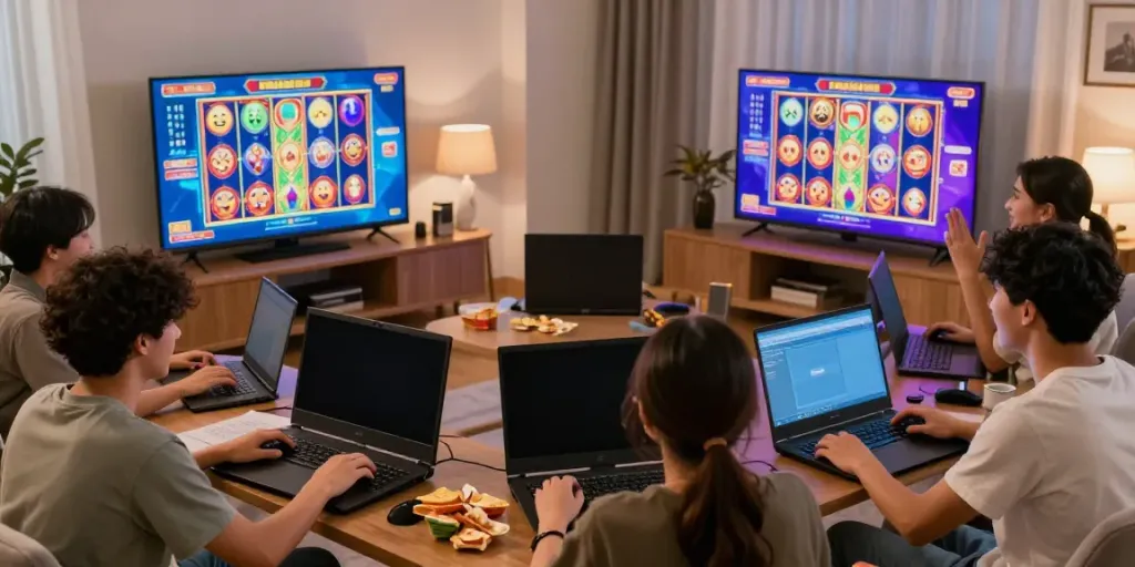 Exciting online gaming scene of friends joyfully playing ทดลองสล็อต in a cozy living room.
