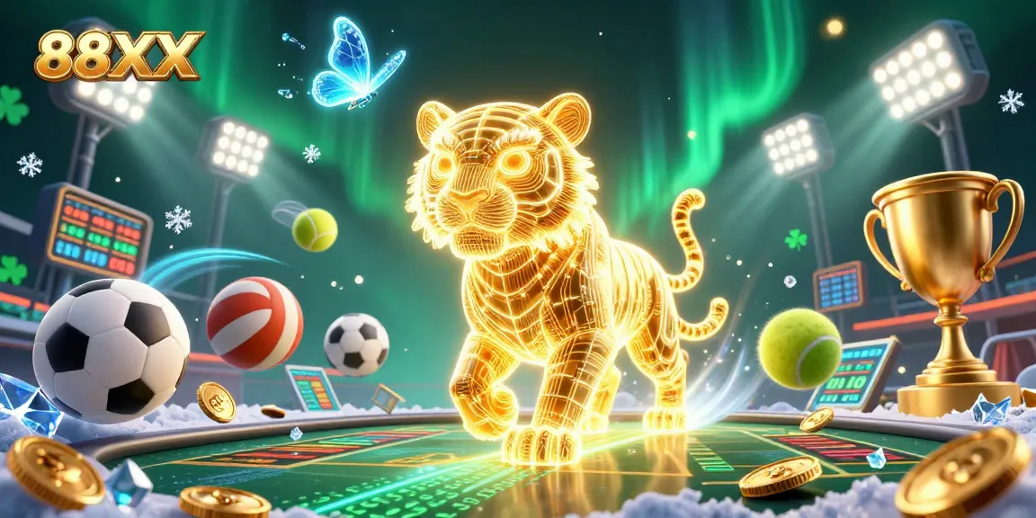 Experience winning at 88XX with a golden tiger and vibrant casino elements in a mesmerizing 3D illustration