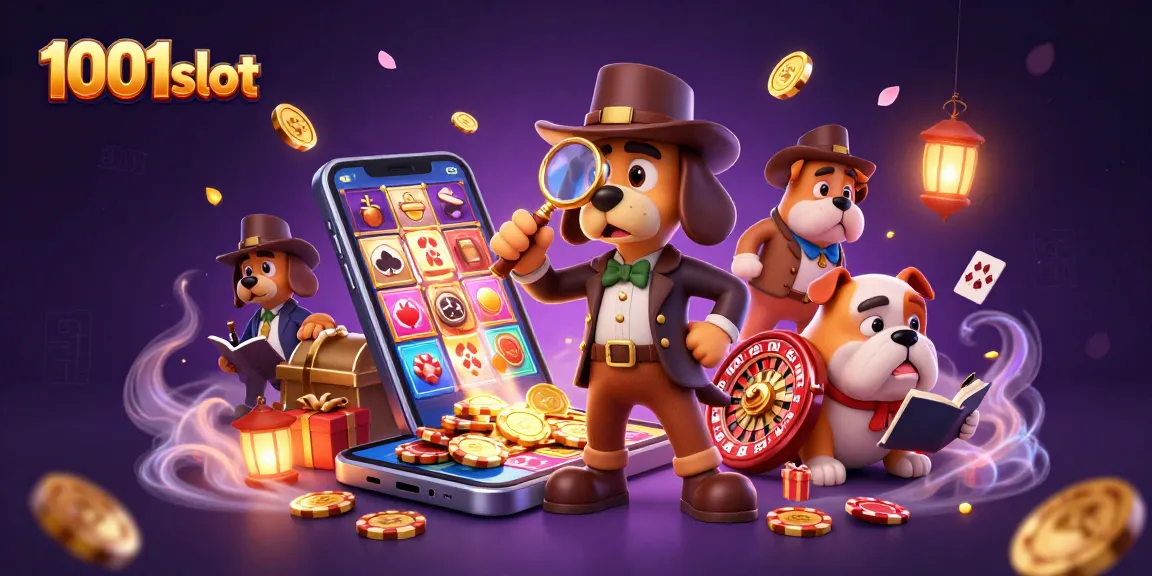 Engage with 1001slot in a vibrant casino scene featuring a cartoon detective examining clues for big wins.