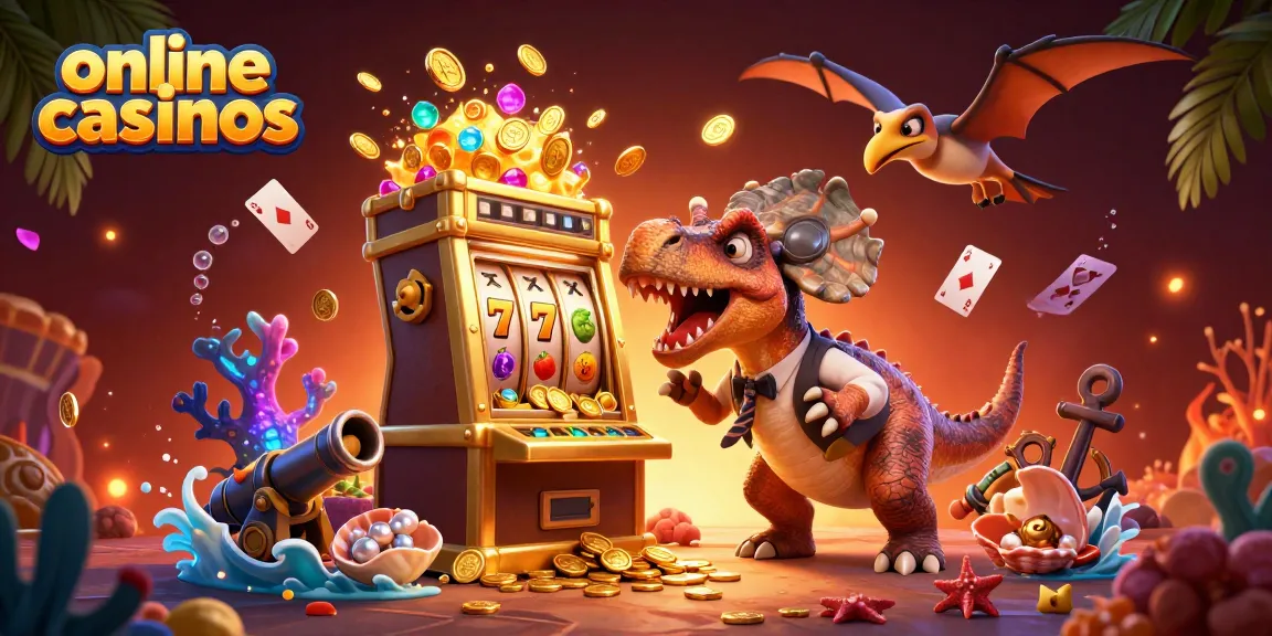 Experience online casinos with a cartoon pachycephalosaurus hitting a slot machine for a jackpot.