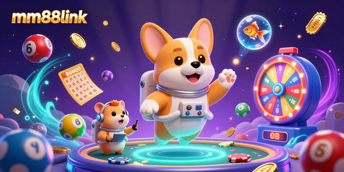 Experience exciting gaming action with mm88link inside a vibrant space casino featuring a floating corgi, hamster, and goldfish.