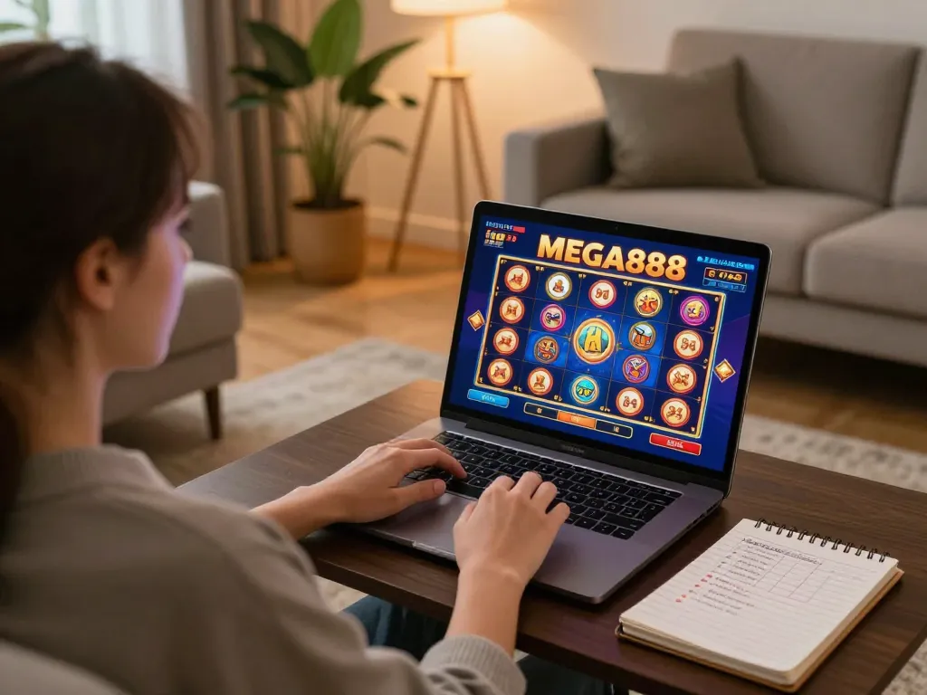 Engaging in MEGA888 gameplay with vibrant slot visuals at home, responsible online casino fun.