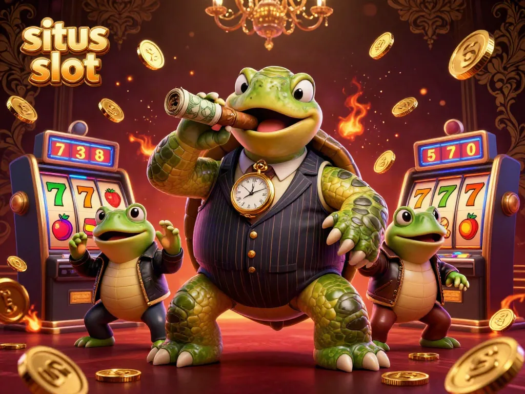 Gambarkan suasana permainan jenis situs slot dengan penampilan karakter unik di kasino, lengkap dengan roda slot dan simbol buah.