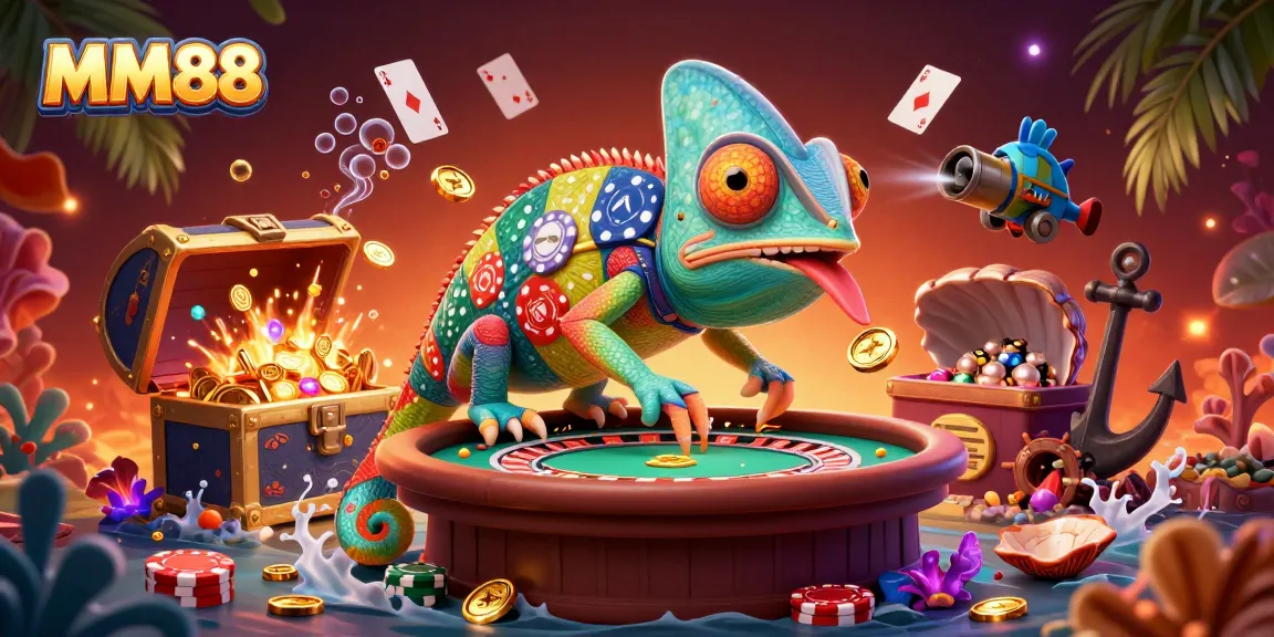 Experience thrilling gameplay at MM88 with a vibrant casino scene featuring a chameleon owner and lively game elements.