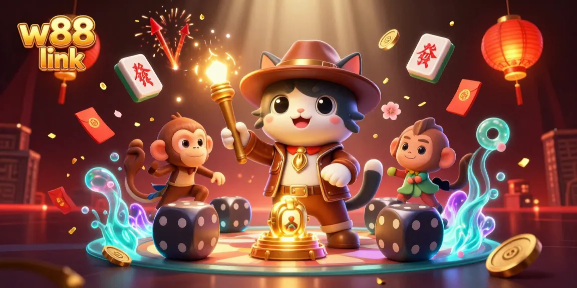Immerse in the excitement of W88 link as the explorer cat uncovers casino treasures in a dynamic 3D scene.