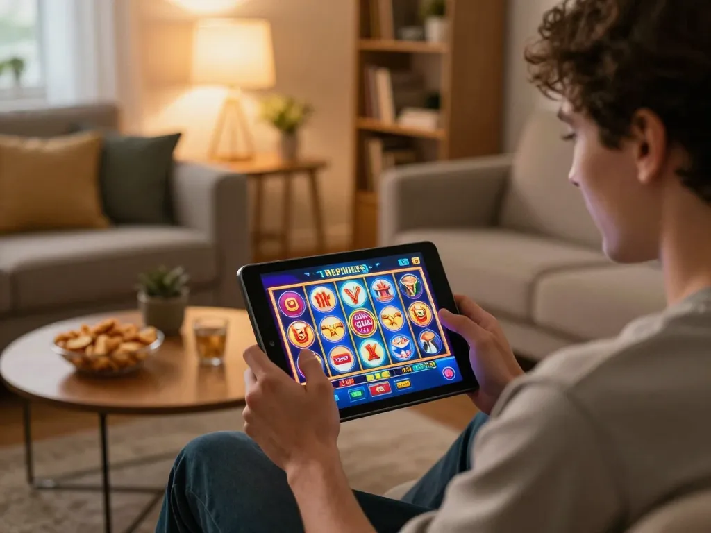 Engaging scene of a player enjoying slots on lucks8 in a cozy living room, illustrating online gaming comfort