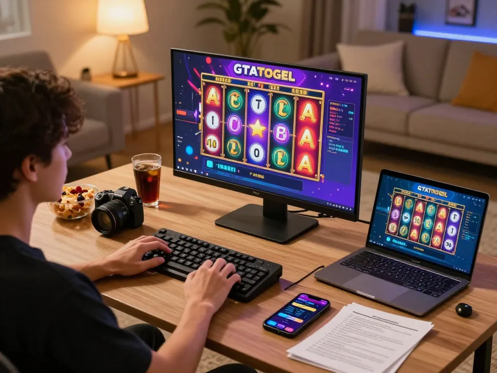 Player enjoying GTATOGEL slot games on a stylish gaming setup at home with warm lighting.
