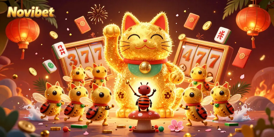 Experience Novibet's exciting world of slots and jackpots with this vibrant 3D illustration of a lucky cat and golden fireflies.