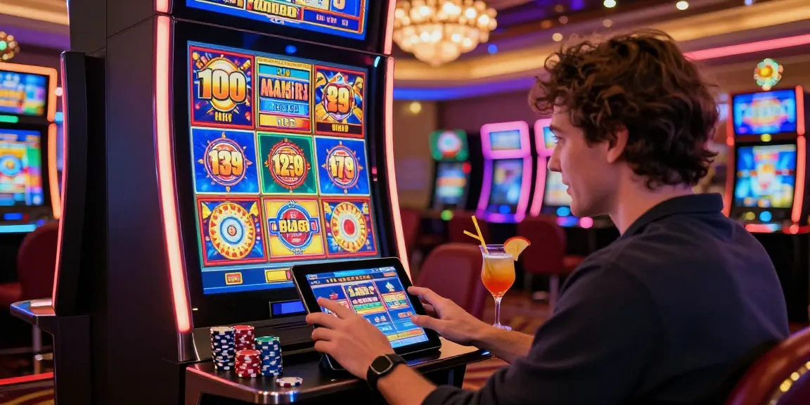 Pengalaman gaming slot gacor yang menyenangkan dengan tablet dan dekor casino cerah.