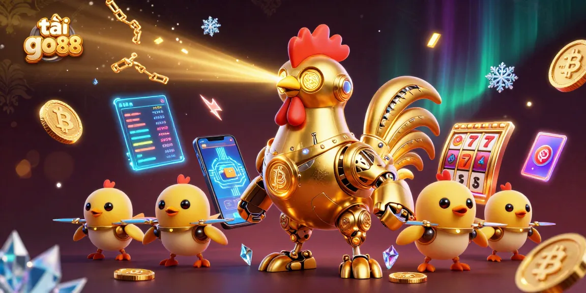 Engage with the vibrant scene while downloading tải go88, featuring a golden rooster robot amidst exciting casino elements.