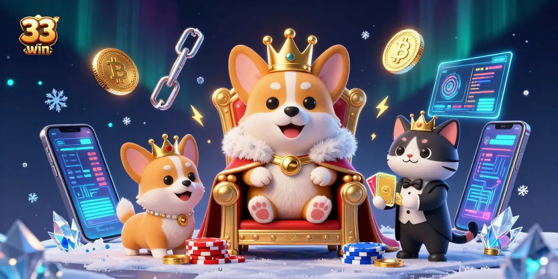 Experience the excitement of 33win with an animated royal corgi and captivating casino scenes.