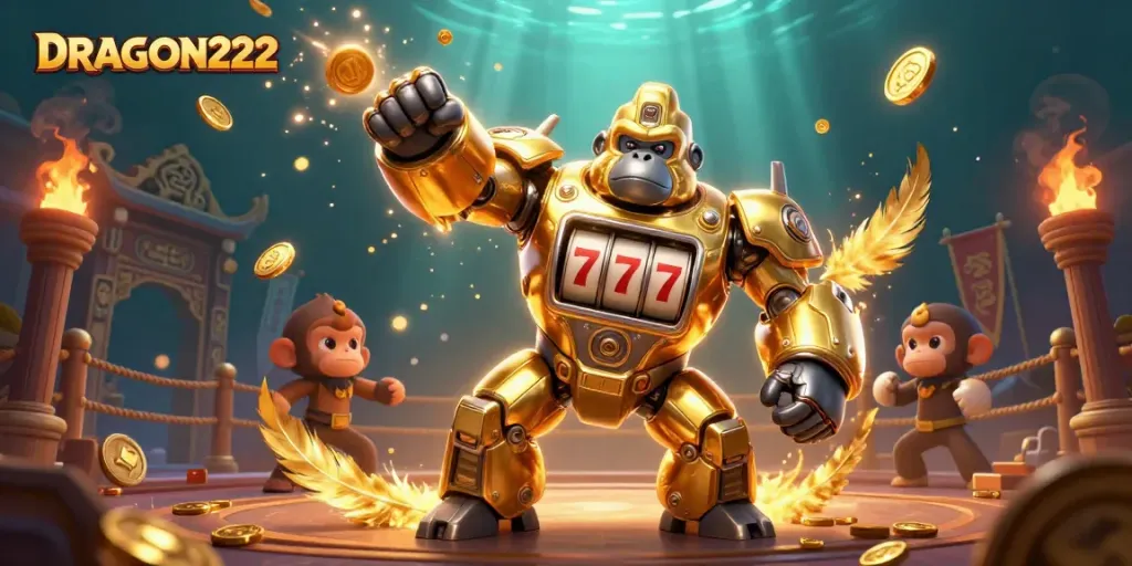 Experience thrilling action at DRAGON222 with a golden gorilla mech showcasing slot machine features and a dynamic gambling arena.