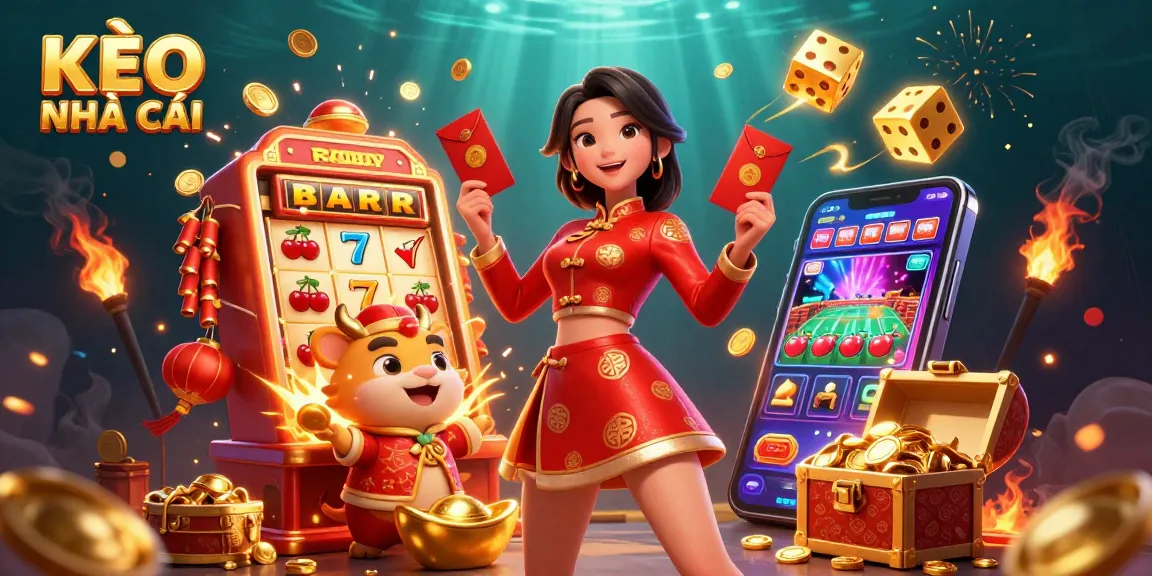 Engage with KÈO NHÀ CÁI as a beautiful Asian woman celebrates Lunar New Year amidst exciting gaming elements.