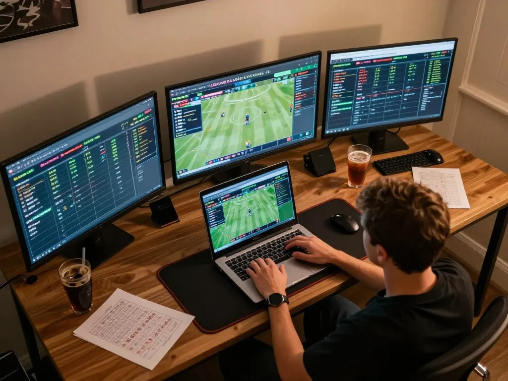 Engaging in strategic online sports betting at aman788 with multiple screens displaying live odds.