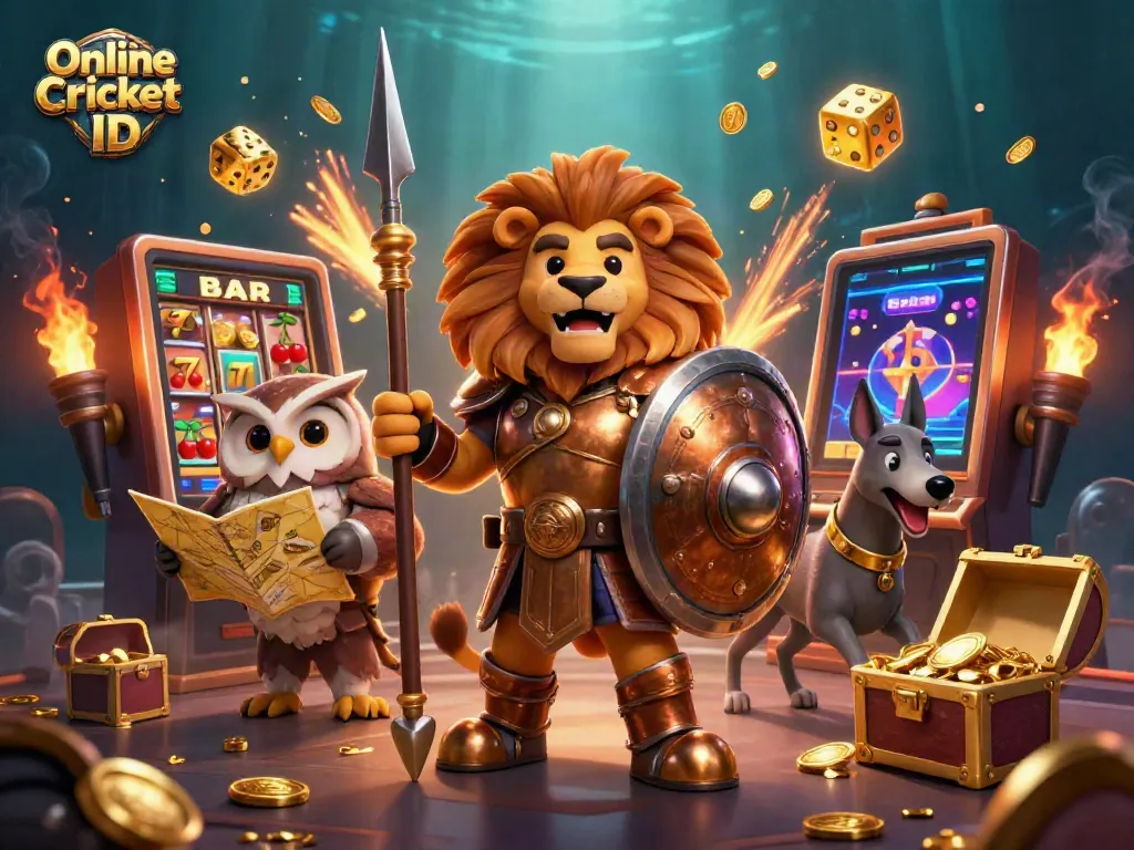 Experience the thrill of Online Cricket ID with a vibrant gaming illustration showcasing a Spartan lion, owl strategist, and swift greyhound amidst casino elements.