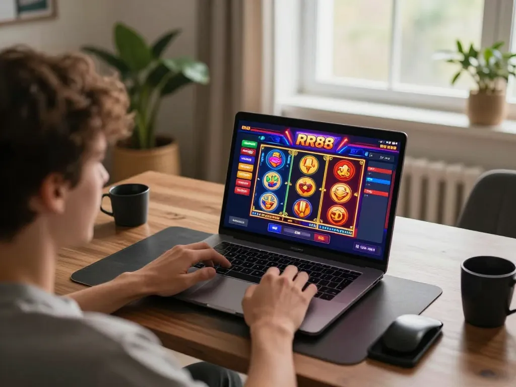 Experience the thrill of RR88 online casino gaming on a stylish laptop setup amidst a cozy, vibrant atmosphere.