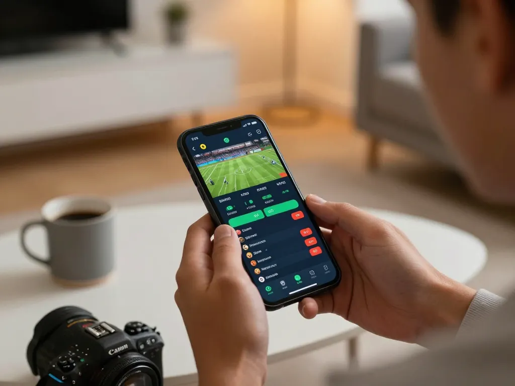 Engaging in sports betting on a smartphone with nhà cái kp88 app interface displayed.
