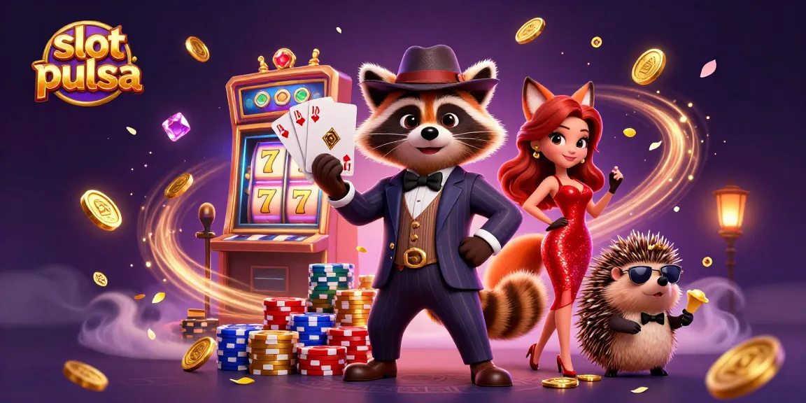 Slot pulsa dengan ratusan koin emas dan batu permata bersinar, menampilkan karakter kartun 3D.