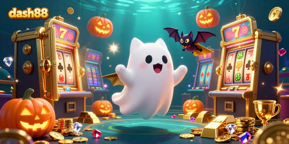 Engage with dash88 as the friendly ghost cat explores a vibrant casino filled with slot machines and treasures.