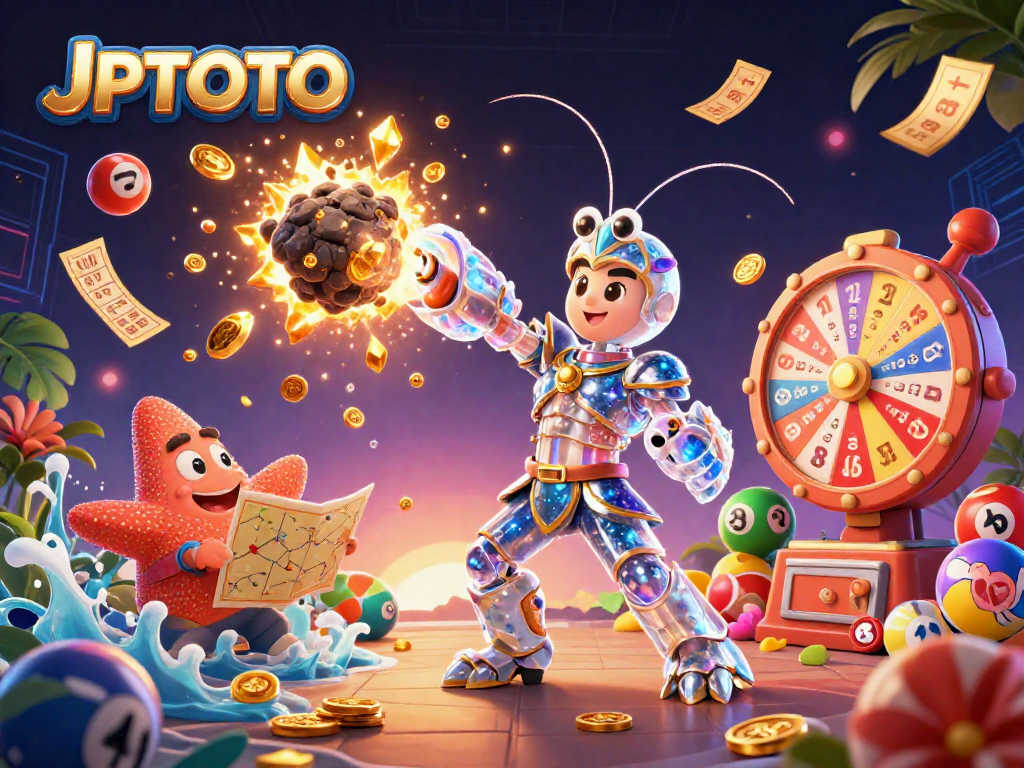 Engage with JPTOTO's colorful lottery scene featuring dynamic balls and an energetic depiction of gaming excitement.