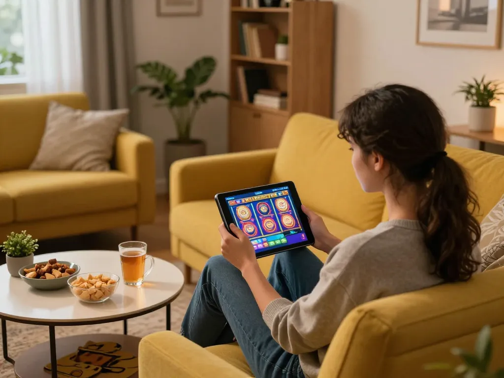 Engaging online slot gaming experience at home, featuring interactive tablet gameplay.