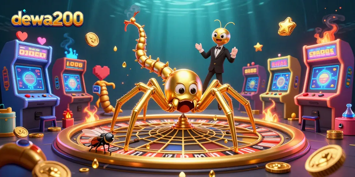 Gambarkan dewa200 dalam ilustrasi 3D kasino, laba-laba emas dan pengendali centipede di tengah suasana permainan.
