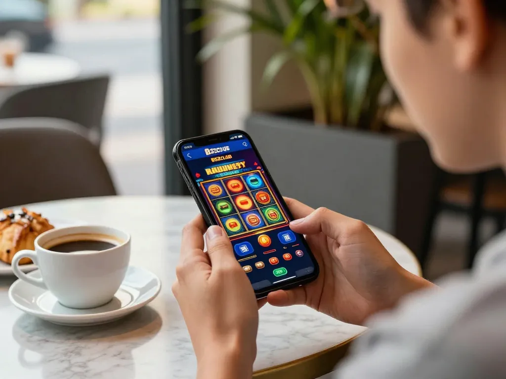 B52CLUB player engaging in mobile slots game at café table, capturing dynamic gaming moment with smartphone