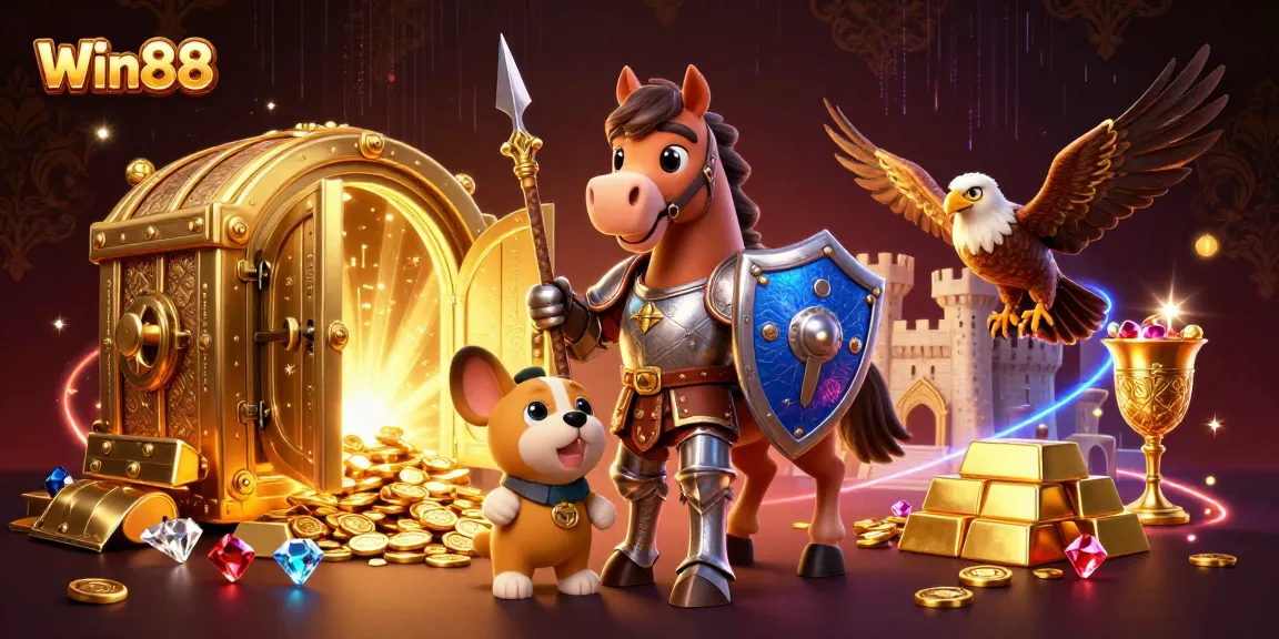 Join Win88 for an exhilarating treasure hunt featuring a knight, squire, and falcon amidst opulent riches!