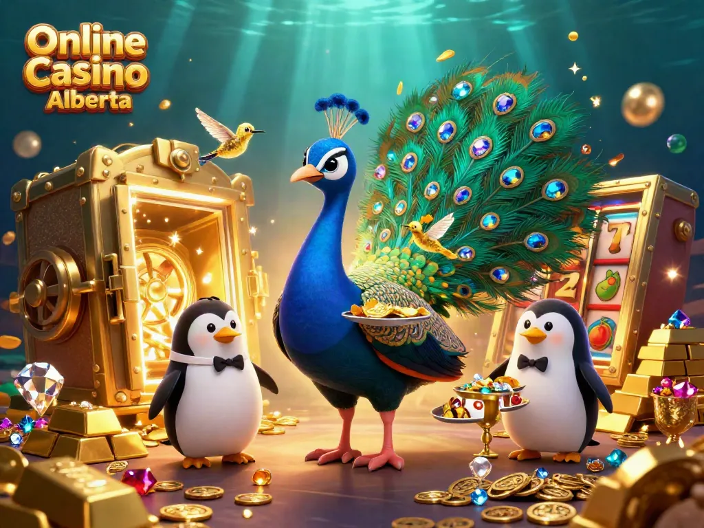 Play thrilling games at Online Casino Alberta with vibrant 3D illustration showcasing rich casino elements.