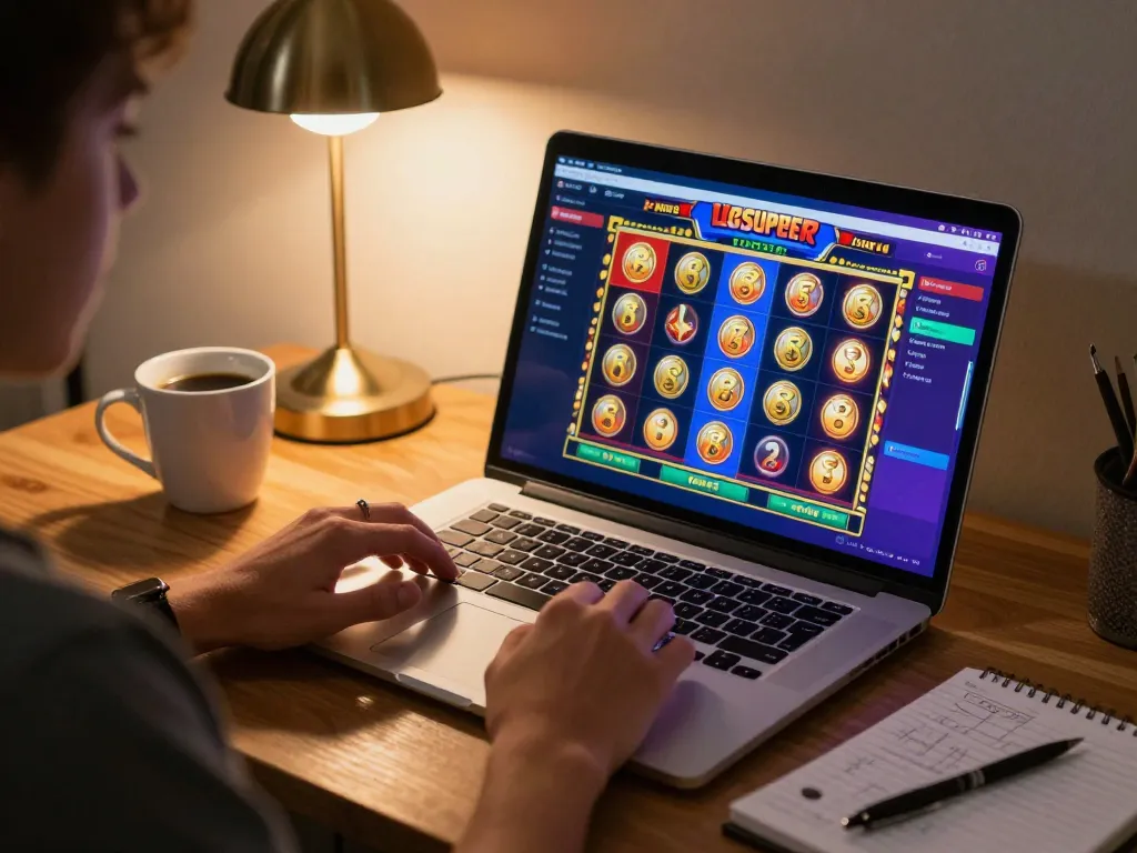 Engaging with LGOSUPER on a laptop, showcasing a colorful slot game in action.