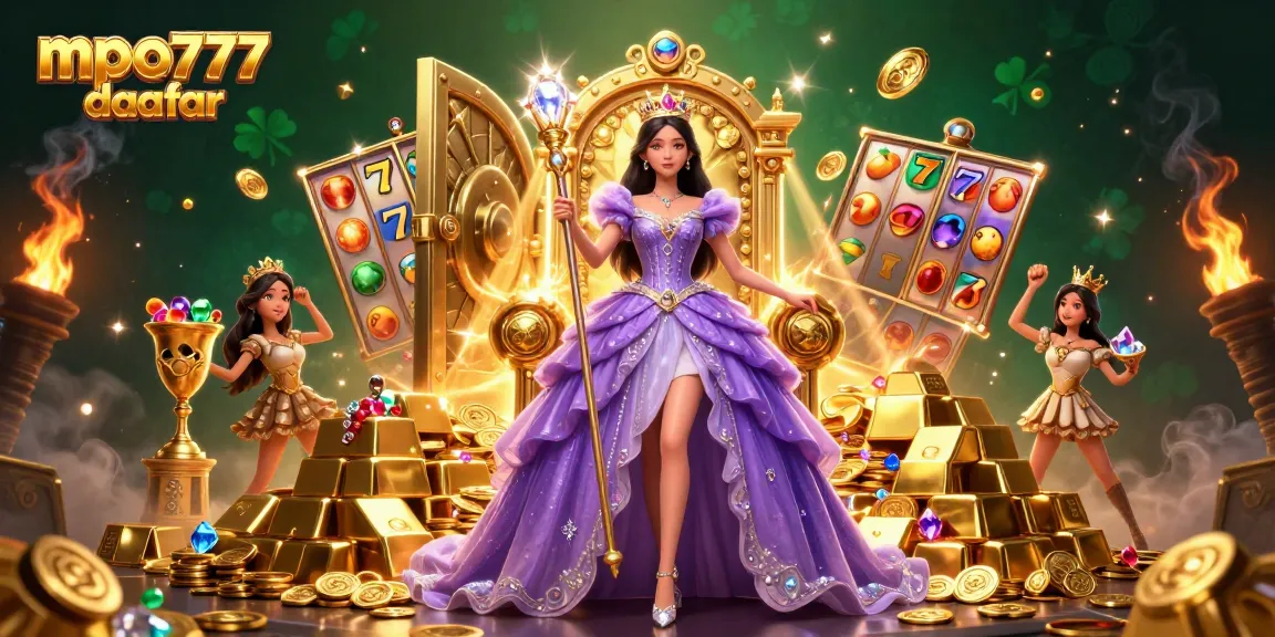 Experience the thrill of mpo777 daftar as a royal princess oversees golden riches and slot games.