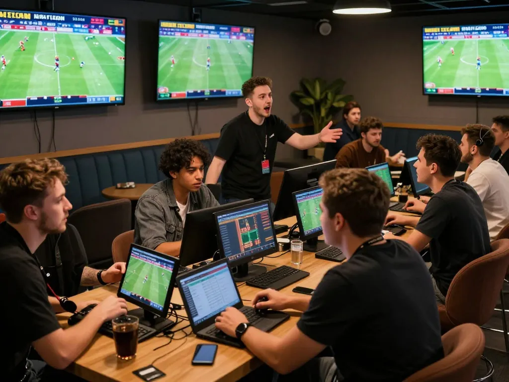 Sports bettors engaging with live matches, placing wagers strategically on 7m football events.