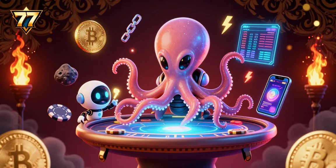 Engage in thrilling 777 poker adventures with a cosmic octopus at a holographic table.
