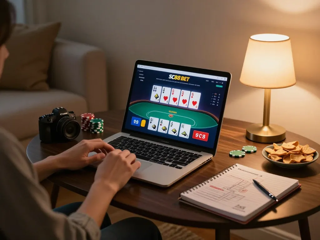 Engaging in SC88 BET online gaming on laptop, showcasing a cozy home atmosphere with strategy notes